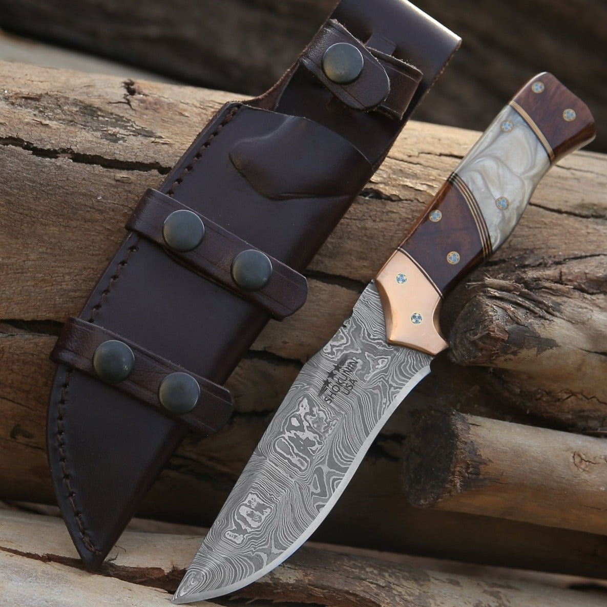 100 Damascus Knife Damascus Steel Hunting Fishing Camping Utility Knife Exotic Mother Of Pearl Rose Wood N Copper Handle... product photo from Shokuninusa
