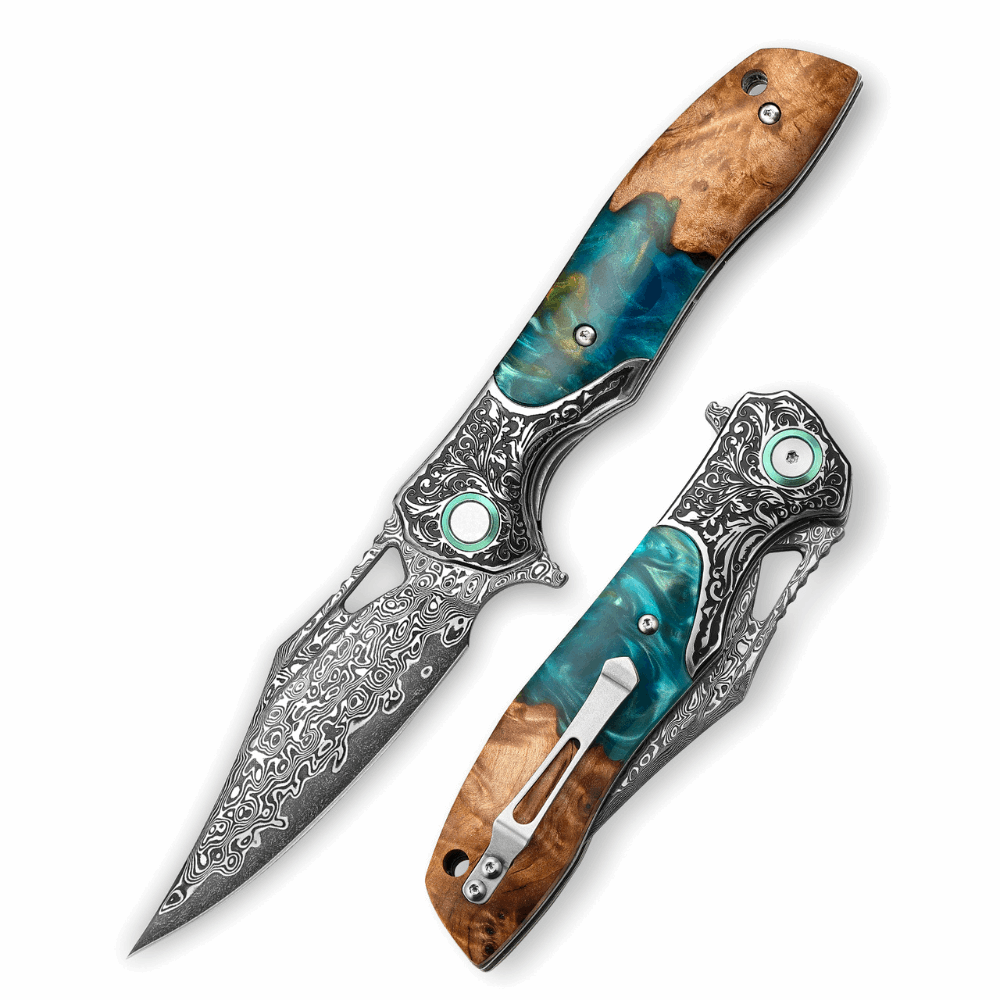 Ares Japanese Handmade Pocket Knife with Olive Burl Wood & Resin HandleRegular price $799.00 Sale price$249.00 Save 69% product photo from Shokuninusa