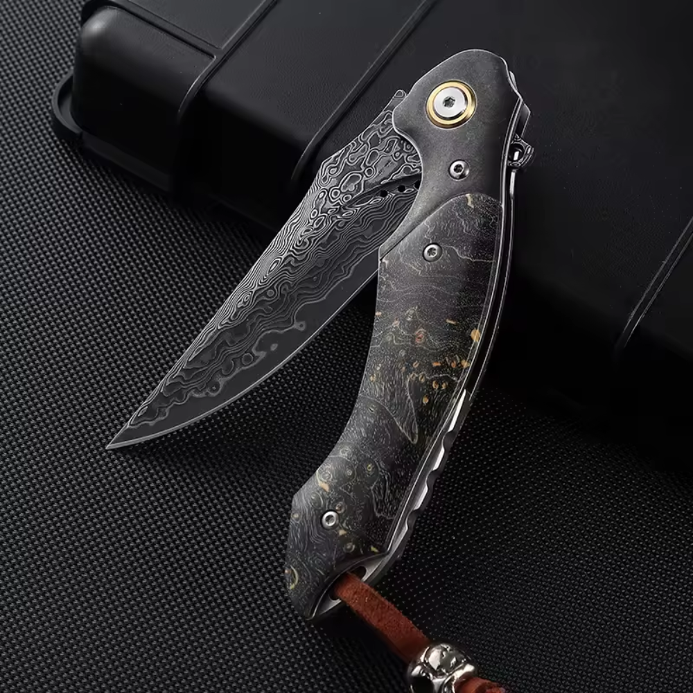 Venom Japanese Damascus Pocket Knife with Stained Maple Burl Wood HandleRegular price $749.00 Sale price$225.00 Save 70% product photo from Shokuninusa