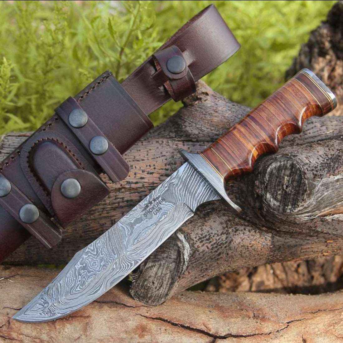 Flux Damascus Bowie Knife with Stacked Leather Handle & Leather SheathRegular price $550.00 Sale price$175.00 Save 68% product photo from Shokuninusa